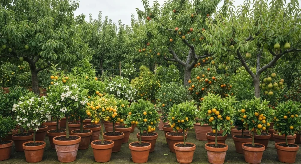 Arbori fructiferi pitici de citrice într-un ghiveci, într-o grădină.