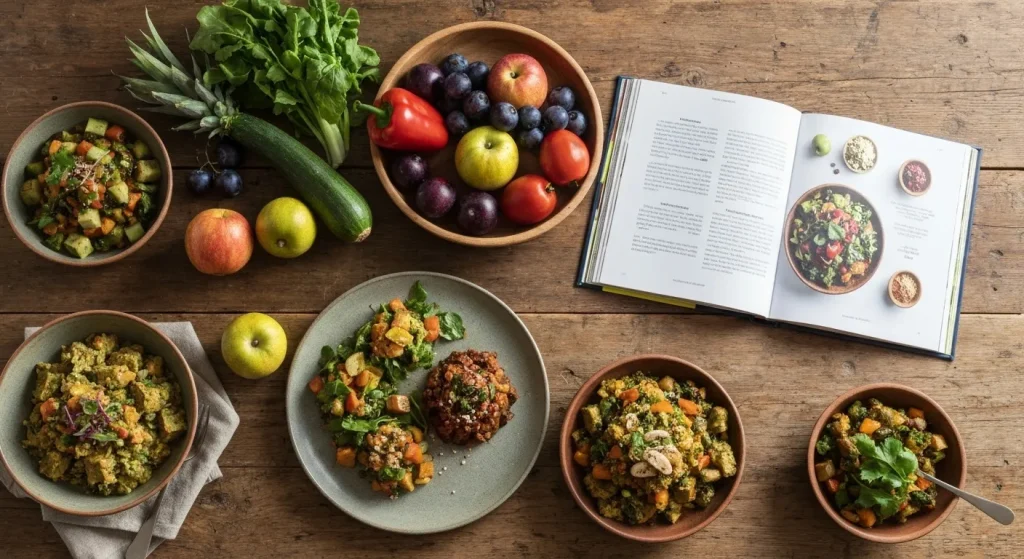 O masă rustică cu fructe, legume proaspete, și preparate vegetariene apetisante, alături de o carte de rețete deschisă.