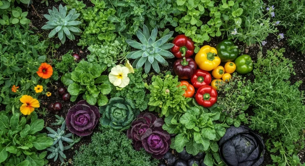 O grădină mică, organică, cu o varietate de legume, ierburi și plante ornamentale.