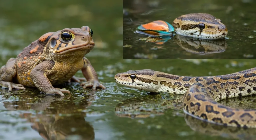 Diverse imagini cu specii invazive, inclusiv broasca de trestie, scoica zebră, și pitonul birmanez, în habitatele lor respective.
