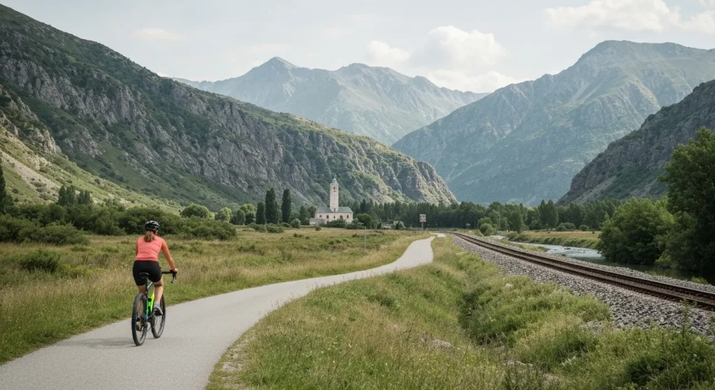 O fotografie cu un traseu ciclist pitoresc lângă o gară, cu un tren în depărtare.