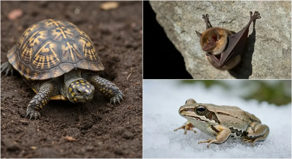 O broască de lemn înghețată, o țestoasă cu carapace cutie în pământ și un liliac într-un crăpătură de stâncă.