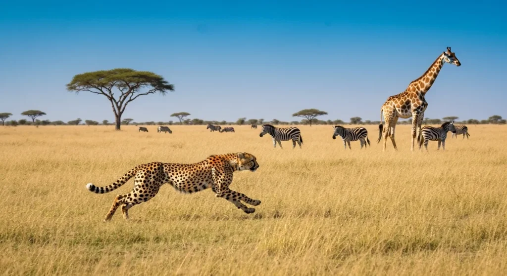Un ghepar, o girafă și o turmă de zebre într-un peisaj de savană africană.