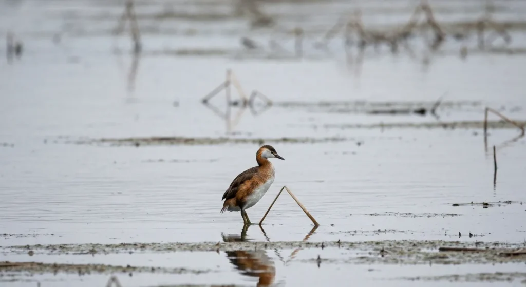 O fotografie a unui singur corcodel de Alaotra pe o plantă acvatică, într-un lac.