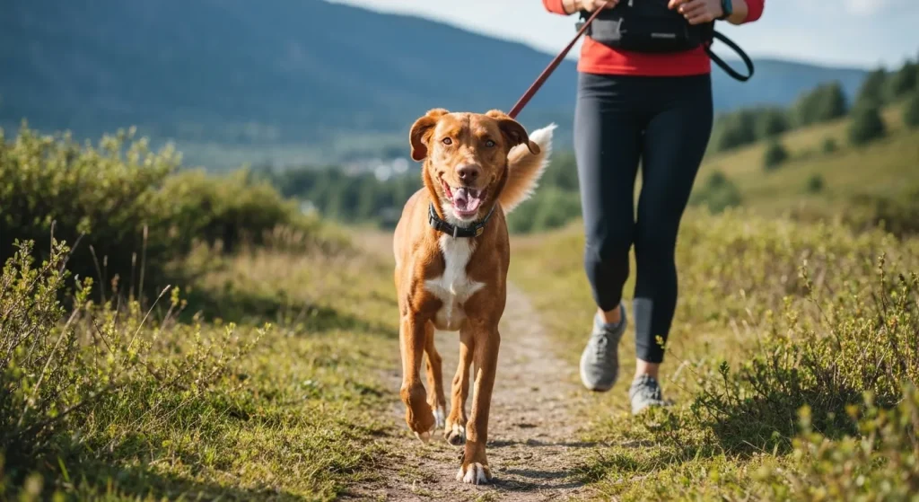 Un câine de rasă Border Collie aleargă fericit alături de stăpânul său pe un traseu natural.