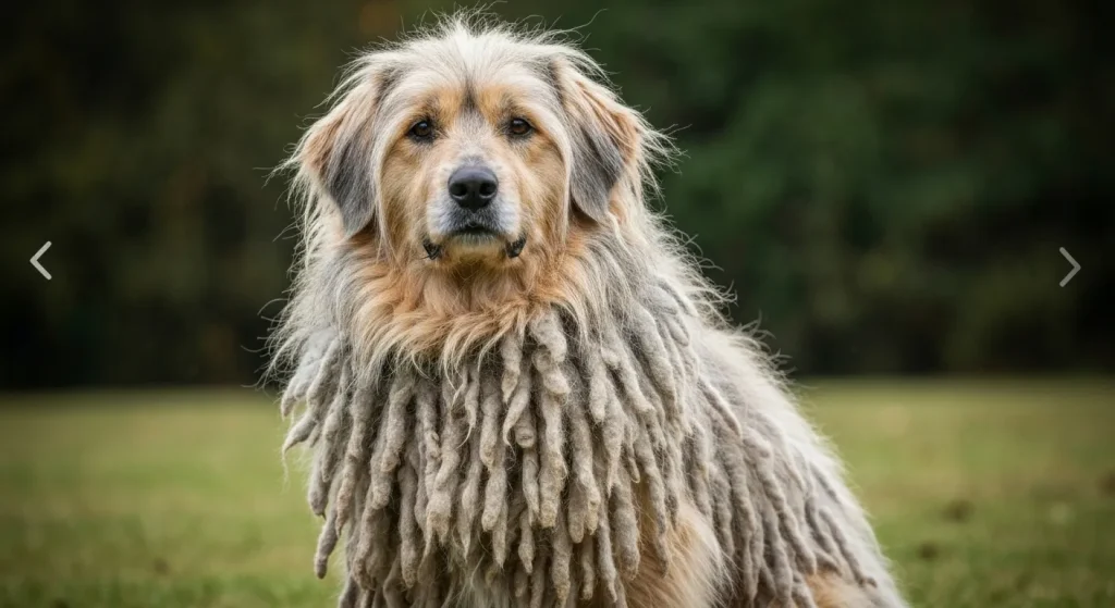 Un câine cu blană lungă, albă, în formă de șuvițe, stând într-un peisaj simplu.