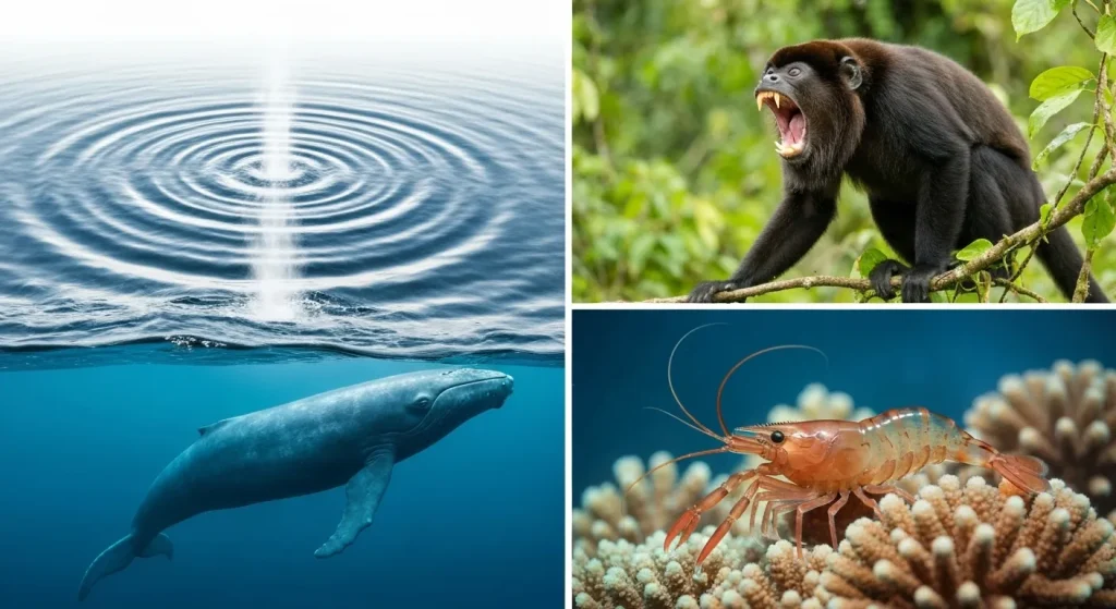 O balenă albastră imensă în ocean, cu o undă sonoră vizibilă sub apă, alături de un crevete pocnitore într-un recif de corali vibrant și o maimuță urlată într-un baldachin dens de pădure tropicală.