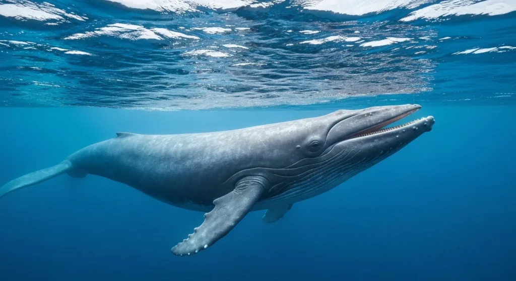 O balenă albastră imensă înoată în ocean, cu gura deschisă, probabil hrănindu-se cu krill.
