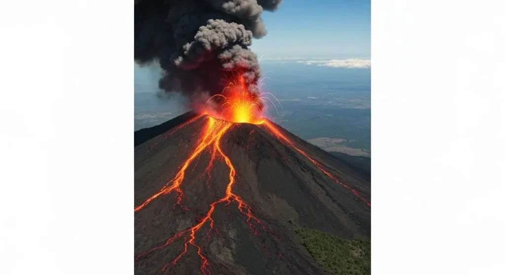 Imagine satelitară a unui vulcan în erupție, cu fluxuri de lavă și un penaj de cenușă vizibil.