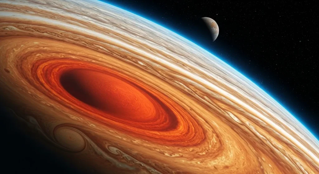 Imagine a lui Jupiter cu Marea Pată Roșie, benzi atmosferice și o lună vizibilă.