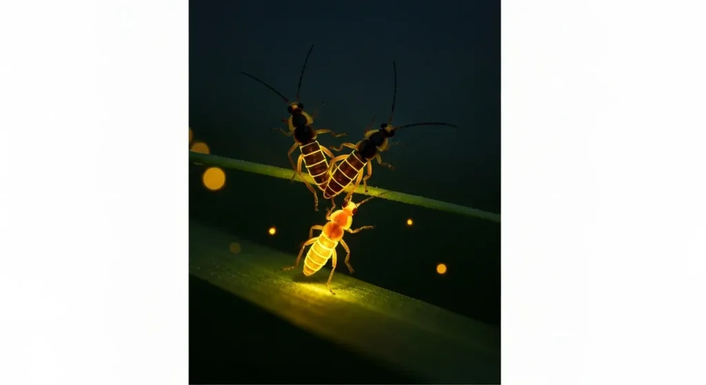 Licurici bioluminescenți strălucind în întunericul nopții.
