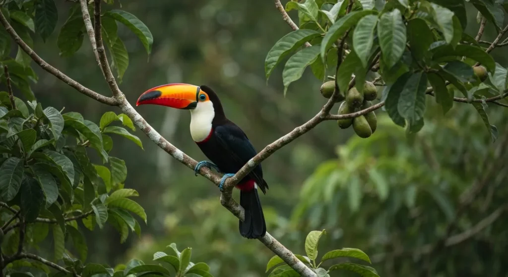 Un tucan colorat pe o ramură într-o pădure tropicală, cu ciocul său mare vizibil.