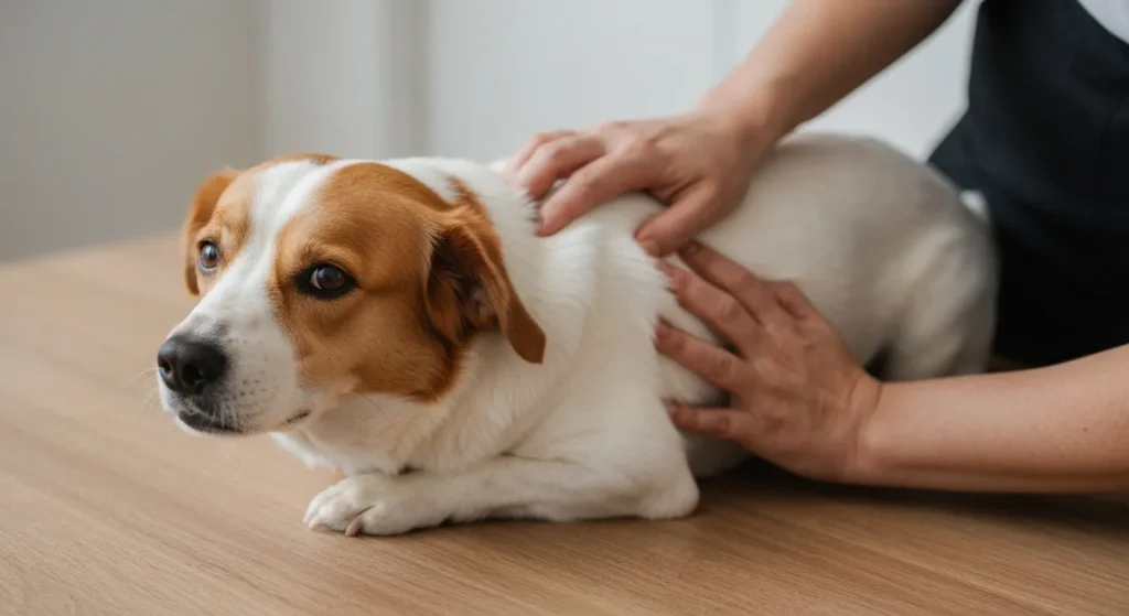 Un câine stă pe jos, cu aspect relaxat, în timp ce o mână îl mângâie ușor pe spate.
