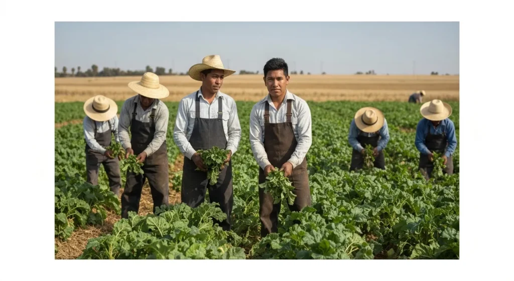 Un tânăr Cesar Chavez în câmp, lucrând alături de alți muncitori agricoli.