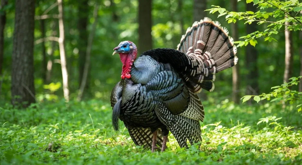 Un curcan sălbatic mascul, cu penajul întunecat și irizat, într-o poieniță din pădure.