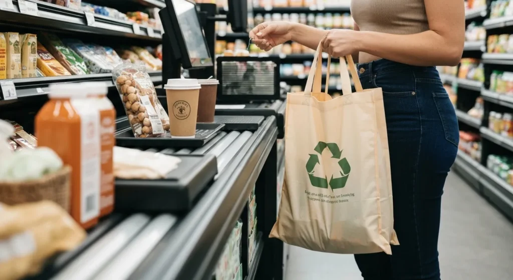 O persoană își pune cumpărăturile într-o pungă reutilizabilă ecologică, la casă.