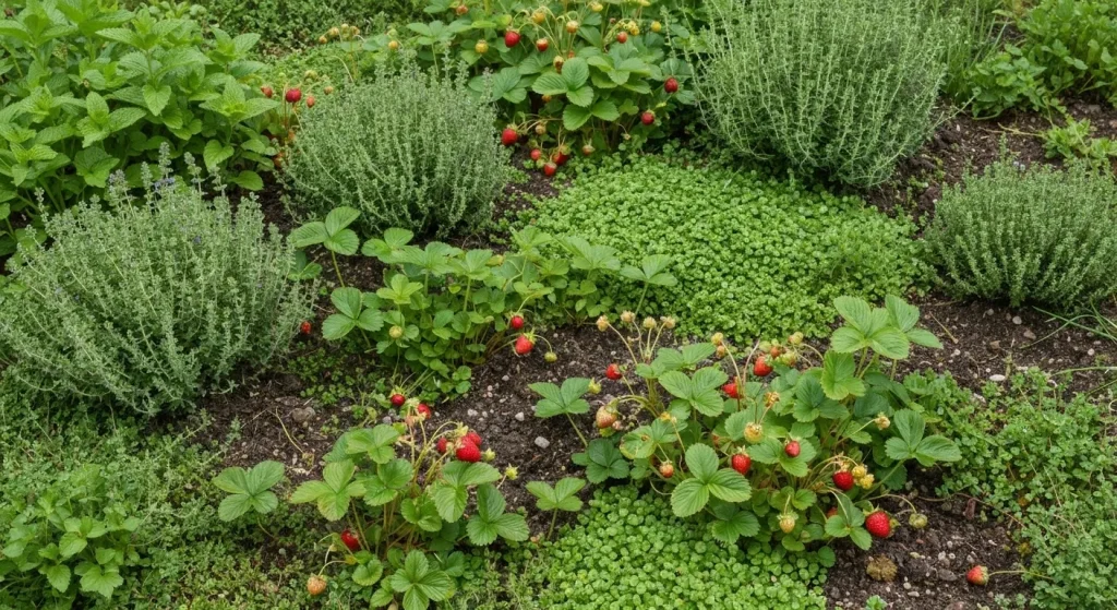 O grădină cu plante acoperitoare de sol comestibile, inclusiv mentă, cimbru și căpșuni sălbatice.