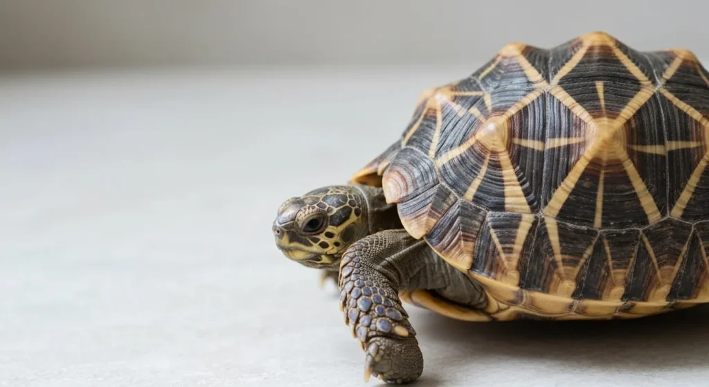 O țestoasă radiată (Astrochelys radiata) în habitatul său natural din Madagascar, cu vegetație uscată în jur.