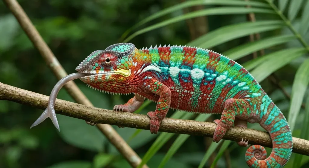 Un cameleon panteră colorat, cu dungi și pete roșii, portocalii, verzi și turcoaz, așezat pe o ramură într-o pădure tropicală.