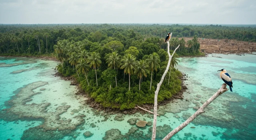 O imagine a unei păduri tropicale defrișate parțial, cu recife de corali deteriorate în apropiere, și o pasăre pe o ramură.
