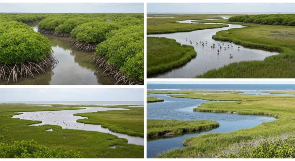Imagini diverse ale unor ecosisteme de zone umede din Statele Unite, incluzând mlaștini, mangrove și alte habitate acvatice, cu diverse specii de animale sălbatice.