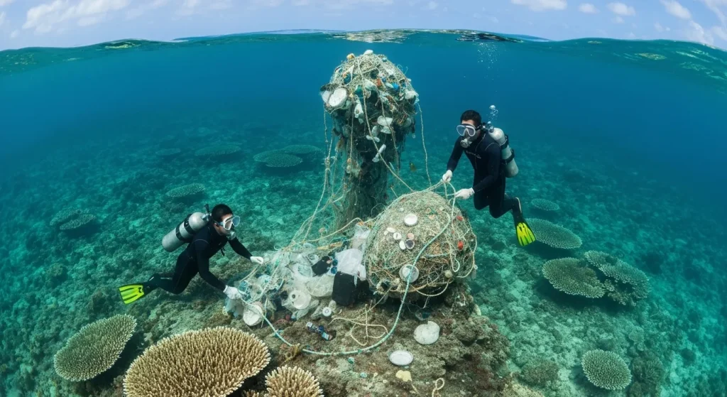Scafandri adună deșeuri marine, inclusiv plase de pescuit și plastic, pe un atol din Insulele Hawaii de Nord-Vest.