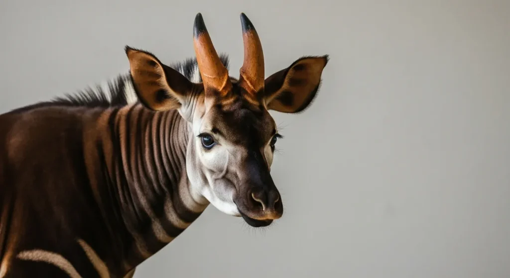 Okapi într-o pădure tropicală africană, cu dungi pe picioare și coarne asemănătoare unui unicorn.