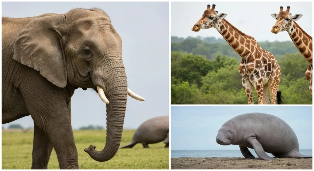 Un elefant gravid, o girafă gravidă și un lamantin gravid, prezentate în același cadru.