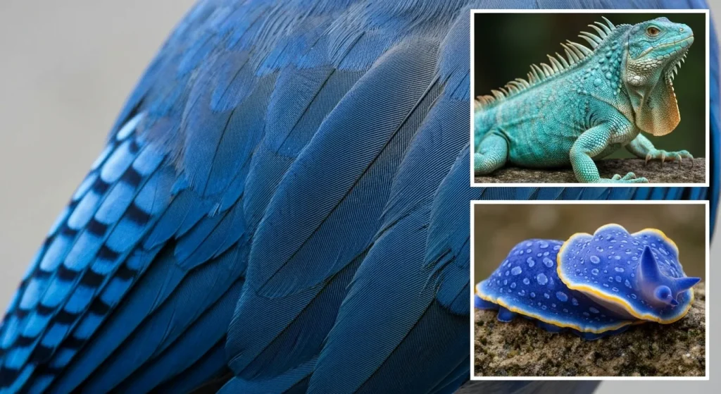 Diverse imagini cu animale de diferite specii, prezentând nuanțe de albastru, rezultate din pigmentație sau structură.