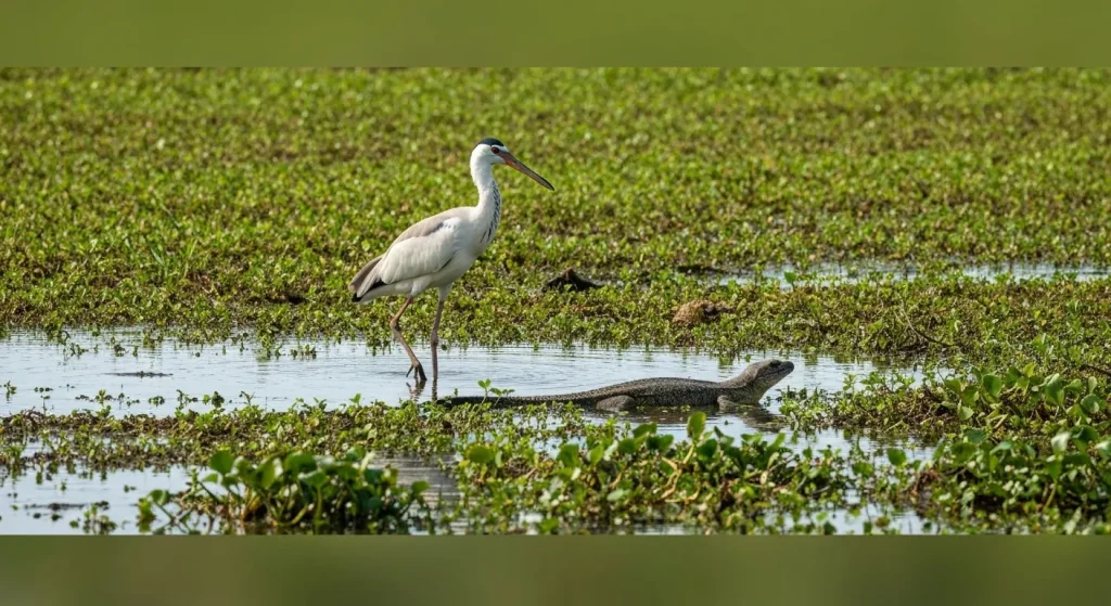 O pasăre mare cu un cioc pronunțat stă în apă puțin adâncă, înconjurată de vegetație bogată și un crocodil parțial scufundat.