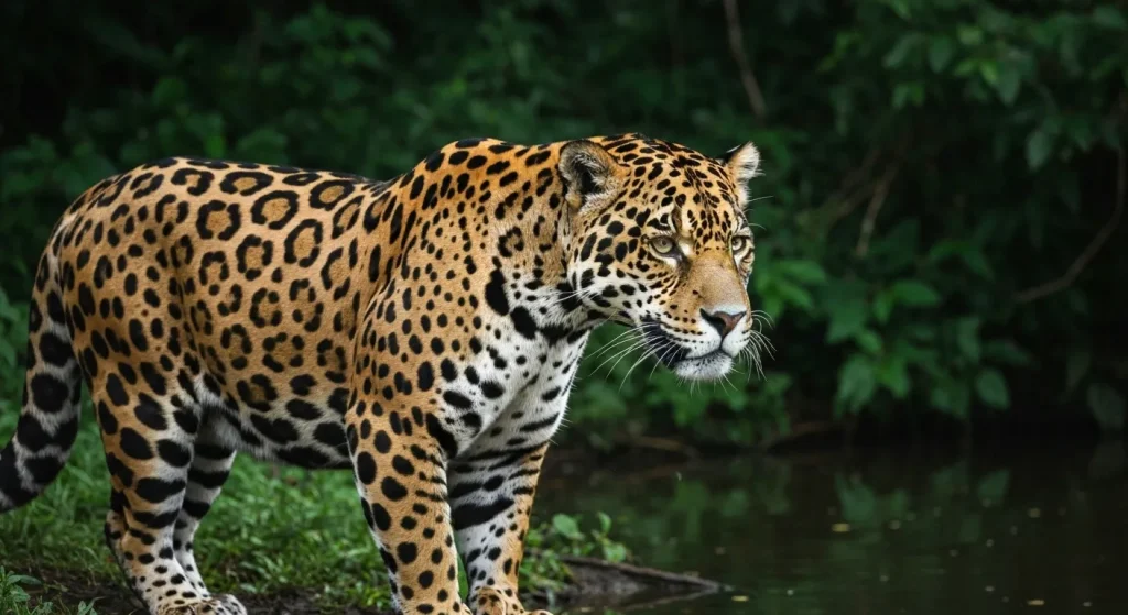 Jaguar cu blană galben-portocalie și pete negre distinctive, în habitat natural.