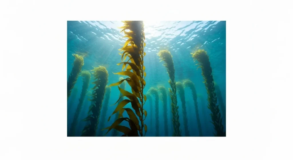O pădure subacvatică densă de alge kelp, cu frunze lungi și ondulate care se întind spre suprafața apei.