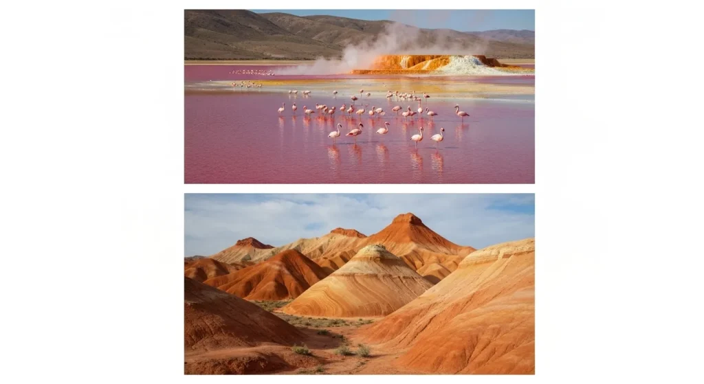 Imaginea prezintă o panoramă a unui lac sărat roșiatic, cu flamingo roz, pe un fundal de cer senin.