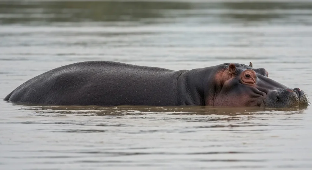 Un hipopotam mare, parțial scufundat în apă noroioasă, cu pielea groasă și zbârcită vizibilă deasupra apei.