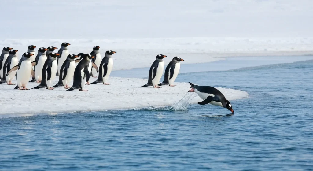 Un grup de pinguini alb-negru pe o plajă cu zăpadă, unii intrând în apă.