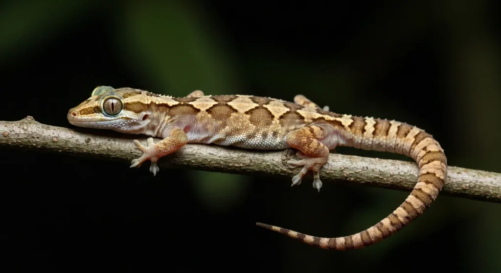 Un gecko nocturn camuflat ca o frunză uscată, agățat de o ramură, cu ochii mari reflectați de lumina lunii.