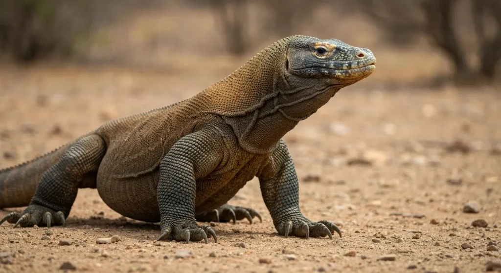 Un dragon Komodo, mare și cu pielea groasă, stă într-un peisaj arid și stâncos.