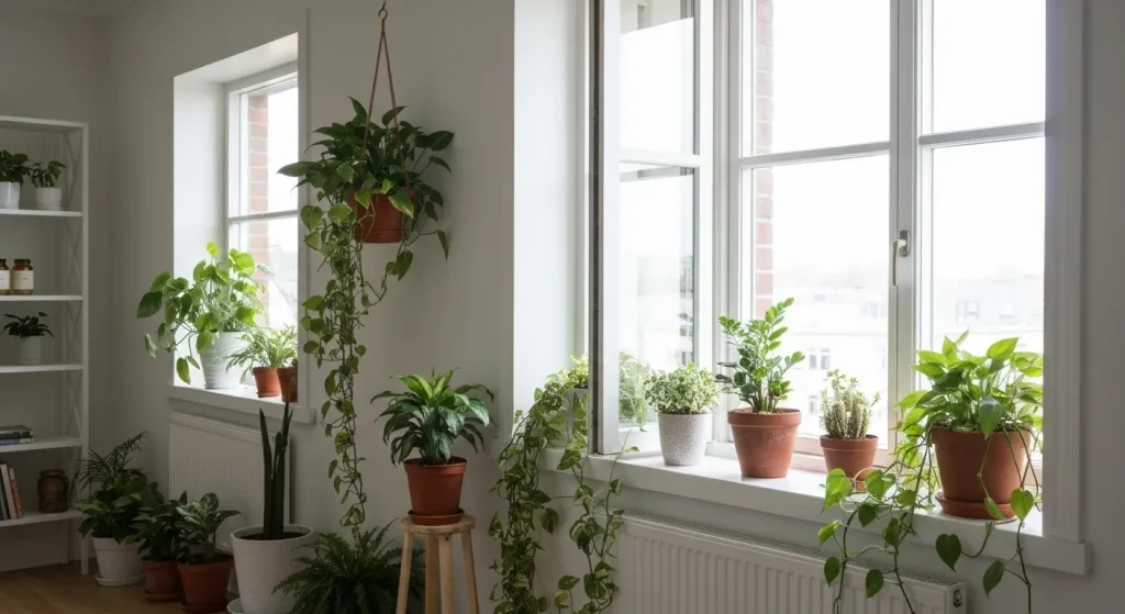 Plante de interior într-o cameră luminoasă, cu o fereastră deschisă.
