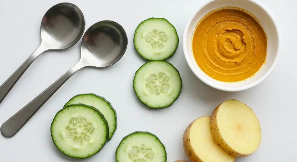 Diverse remedii naturale pentru cearcăne, aranjate estetic: linguri reci, felii de castraveți și cartofi, pastă de turmeric.