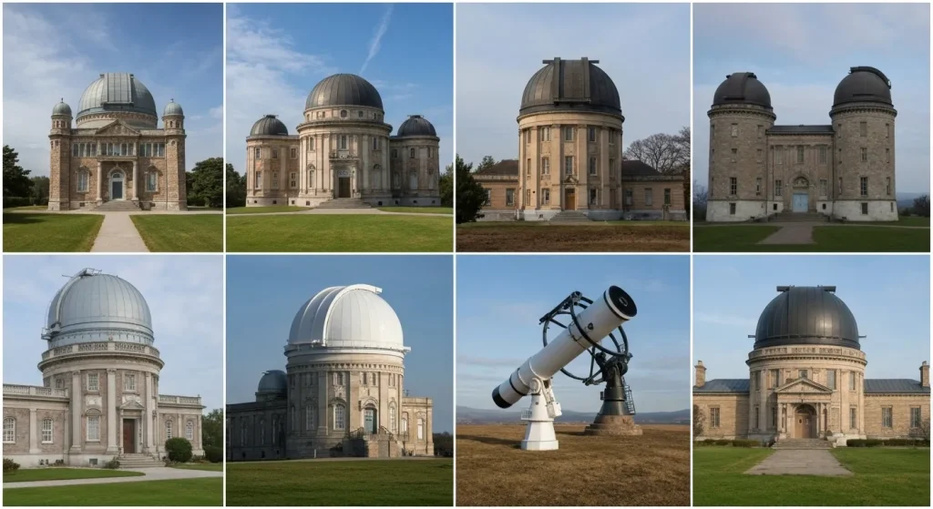 Imagini ale unor observatoare astronomice istorice, arătând arhitectura clădirilor și telescoapele.
