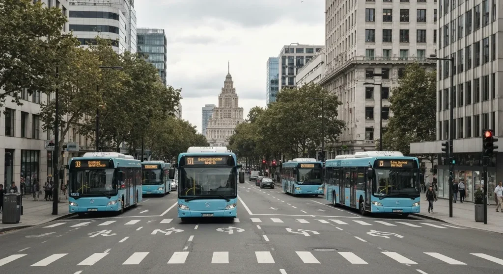 Autobuze electrice moderne circulă pe străzi largi, pietonale, într-un oraș modern.