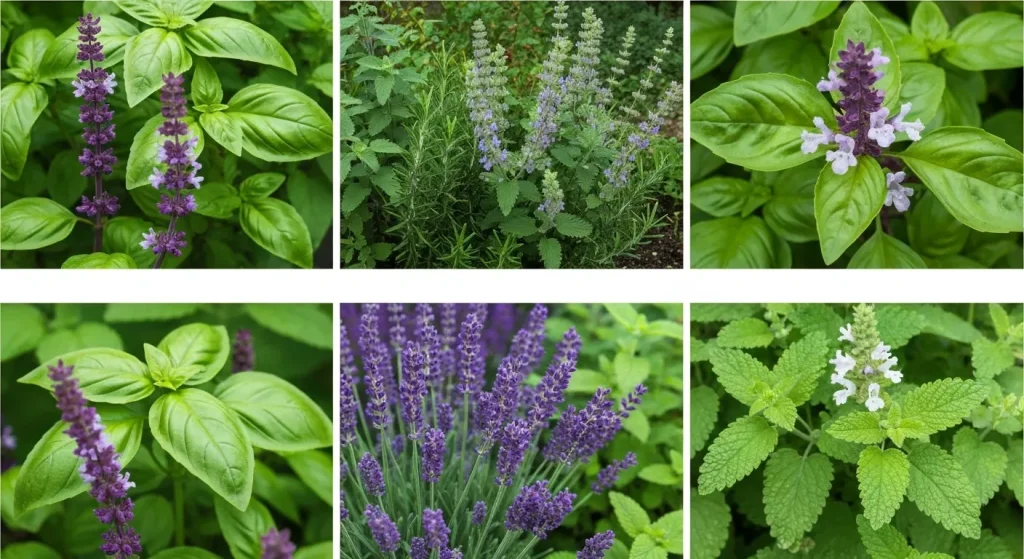 O grădină cu plante aromatice, cum ar fi busuioc, lavandă și lămâiță, cunoscute pentru proprietățile lor de respingere a insectelor.