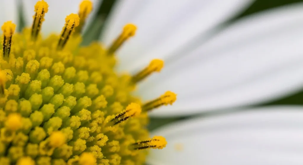 Fotografie macro detaliată a unei flori, evidențiind polenul și textura petalelor.