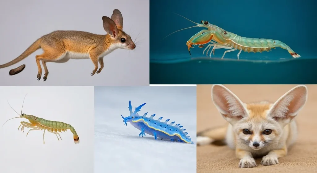 Un jerboa cu urechi lungi sare în aer, cu picioarele din spate lungi și coada stufoasă.