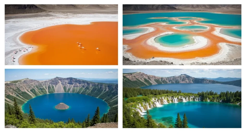 Un lac sărat cu apă portocaliu-roșiatică, cu insule albe de borax și flamingo roz.