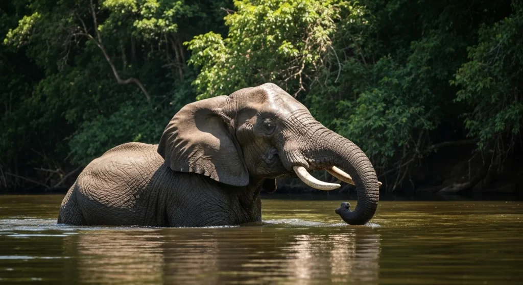 Un elefant african înoată într-un râu, folosindu-și trompa ca și snorkel.