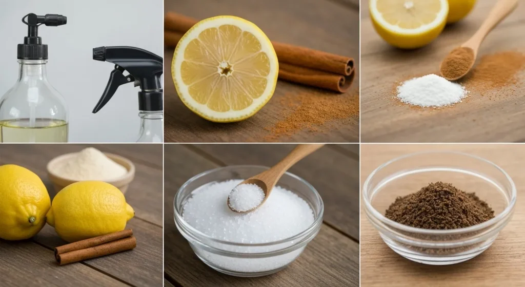 Diverse remedii naturale împotriva furnicilor, inclusiv zeamă de lămâie, scorțișoară, mentă, borax cu zahăr și apă, pământ de diatomee și oțet.