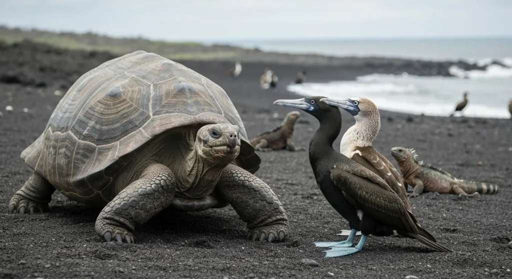 Broască țestoasă uriașă din Galapagos, iguană marină și cormoran fără zbor pe o plajă tropicală.