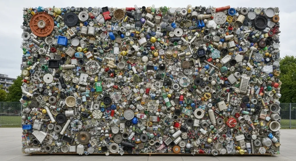 Instalație artistică amplă creată din obiecte reciclate, aranjate pentru a forma o imagine coerentă.