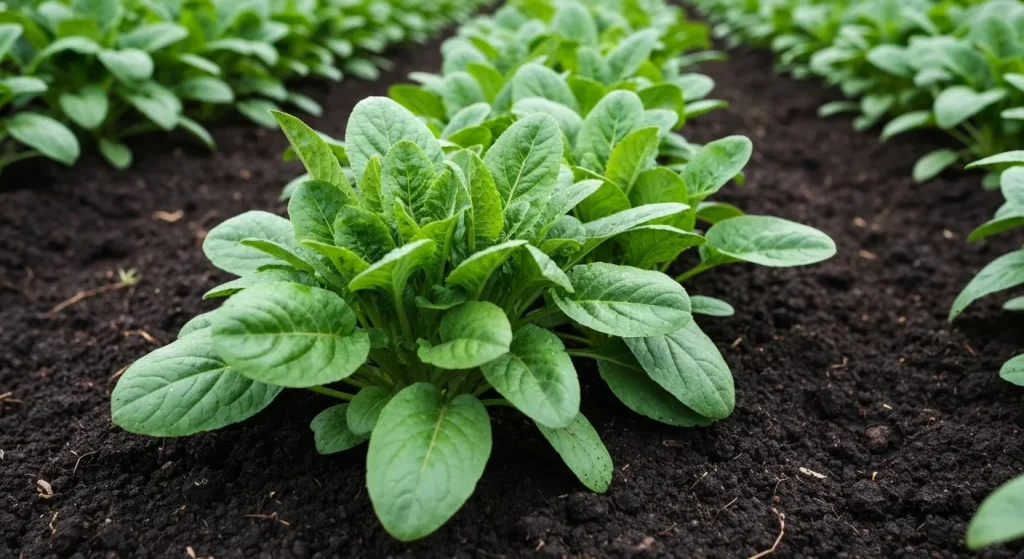 Compost întunecat și bogat este adăugat în solul brun, umed, lângă plante verzi sănătoase.
